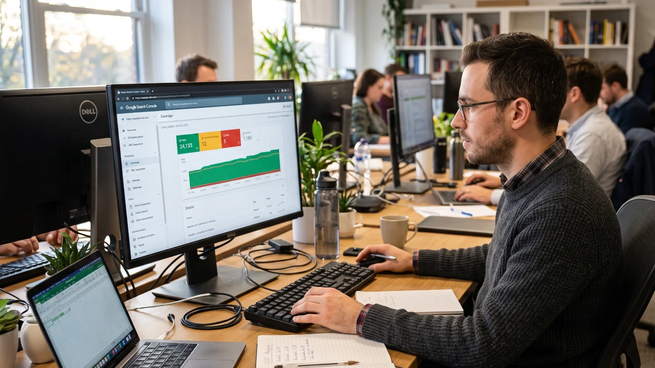 Programista sprawdzający indeksację strony i błędy w Google Search Console na monitorze